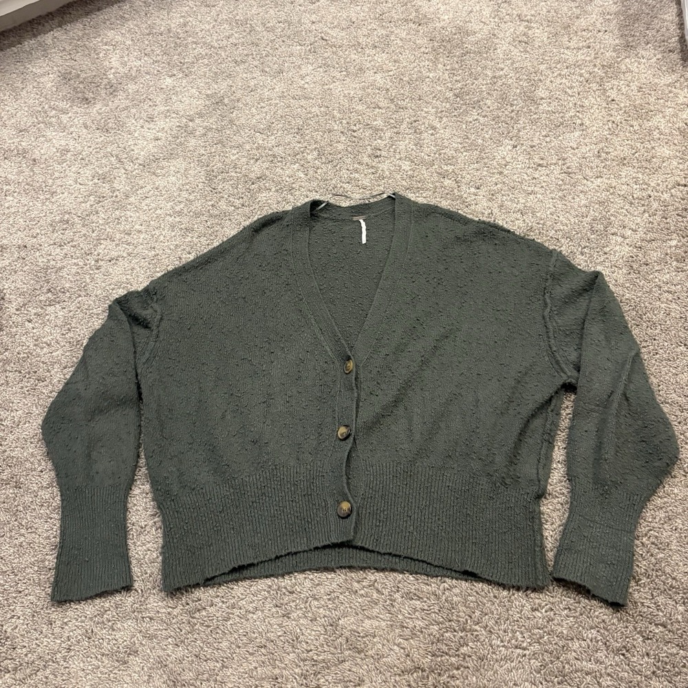 Free People Button Cardigan Sweater Womens Large Green Boho Lagenlook Whimsical